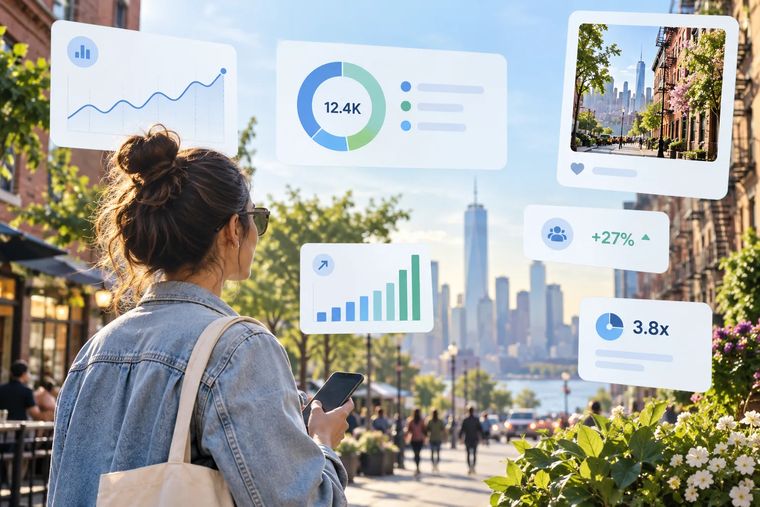 Interface d’analyse des réseaux sociaux bleu pastel avec une photo éclatante d’une rue urbaine, des cartes d’indicateurs flottantes et des données de performance