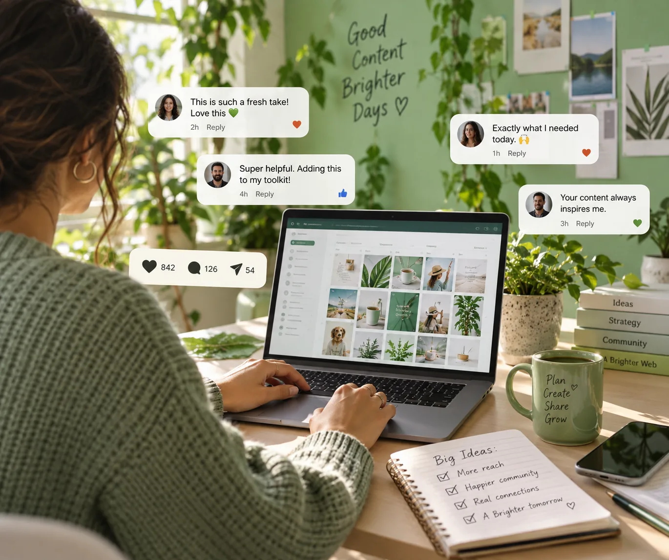 Interface de publication pour les réseaux sociaux vert pastel avec du contenu produit, des bulles de commentaires conversationnels et des indicateurs d’engagement