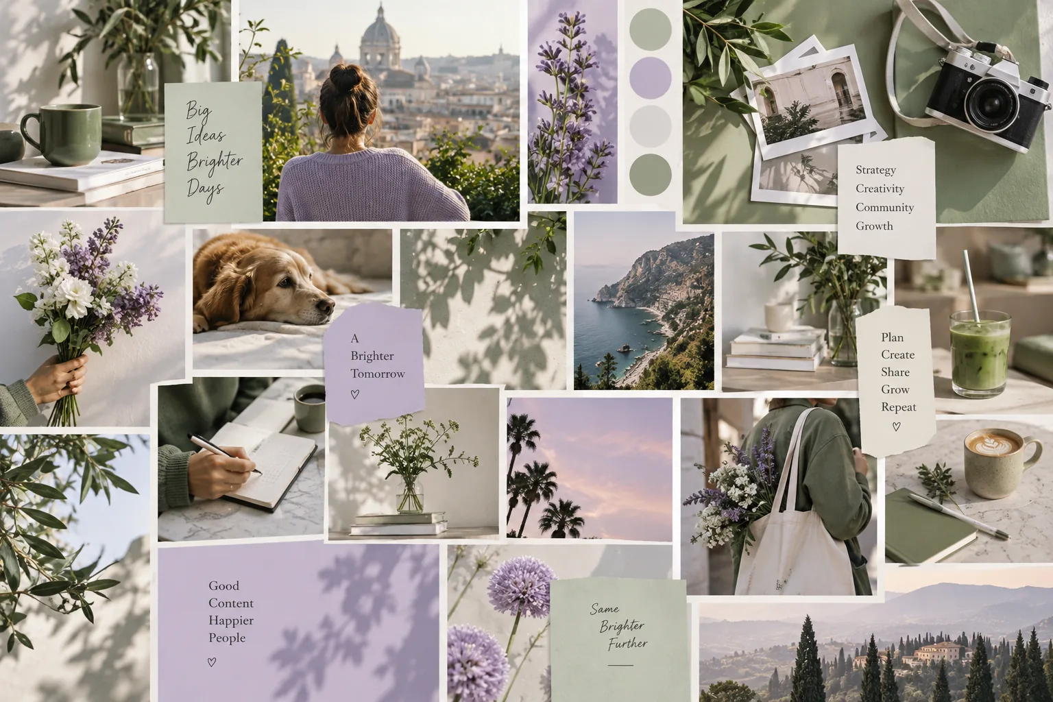 Moodboard pastel d’intelligence de marque avec des cartes de contenu, des étiquettes et une palette douce de vert et de lavande