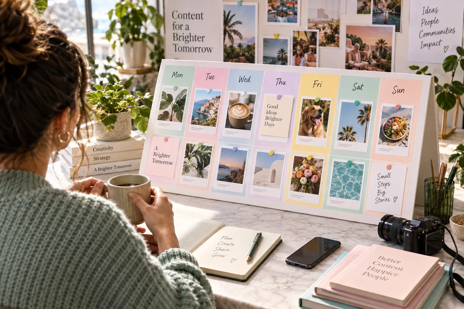 Interface colorée de calendrier éditorial pour les réseaux sociaux, avec des cartes pastel en perspective inclinée et un éclairage de studio épuré
