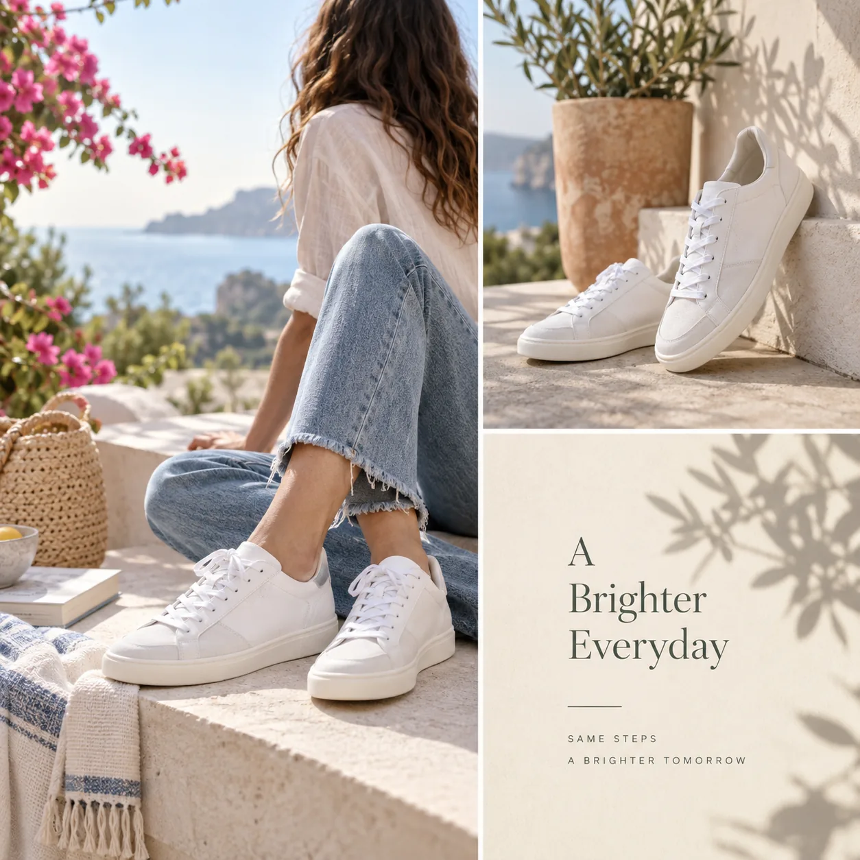 Concept de publication pour une campagne éditoriale de chaussures, avec deux photos de baskets blanches et une carte de légende, dans une présentation pastel lumineuse