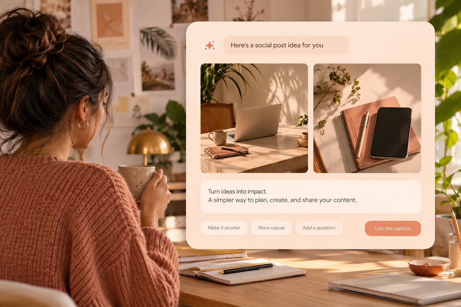 Interface d’assistant IA couleur pêche pastel présentant une idée de publication pour les réseaux sociaux avec deux images de produits éditoriales et des commandes de légende