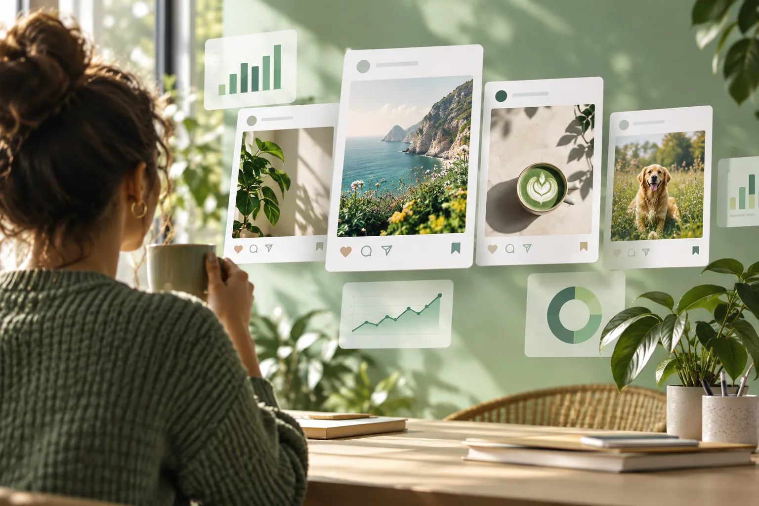 Illustration douce vert pastel sur l’intelligence de marque par IA, avec des cartes de publications sociales empilées et des instantanés des performances de campagne