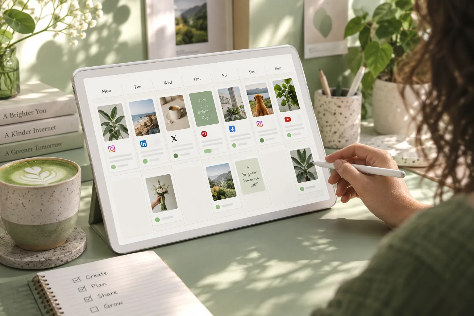 Interface pastel verte de calendrier pour les réseaux sociaux, présentée dans une carte blanche de tablette inclinée, avec des publications programmées et des formes abstraites douces