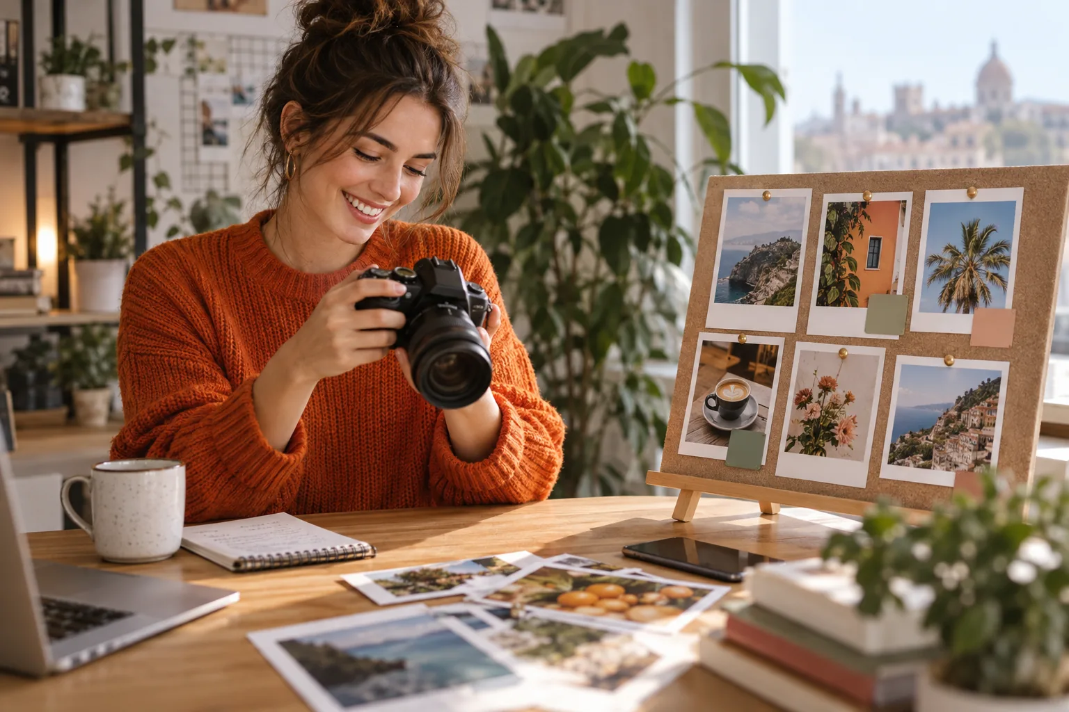 Photo éditoriale lifestyle d’une femme souriante en pull orange utilisant un appareil photo à côté de cartes de planification des réseaux sociaux