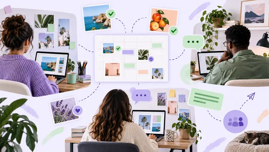 Online social media planning workspace with a calendar and post drafts